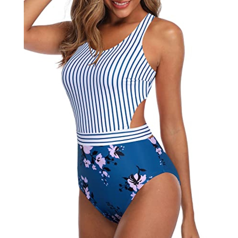 Teen Girls Tummy Control Cutout Bathing Suit-Blue Floral
