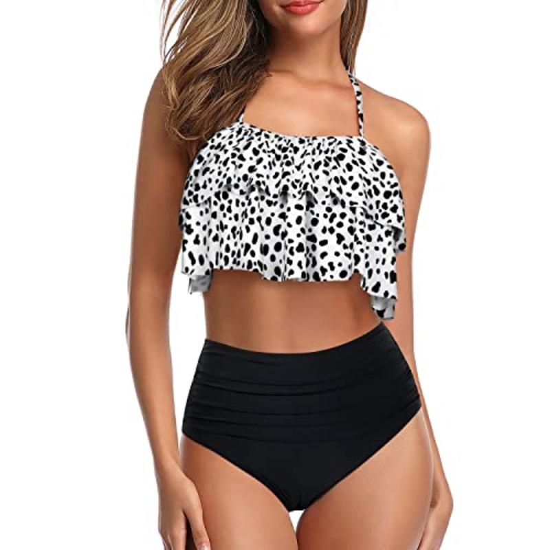 Teen Girls Two-Piece Halter Bikini Swimsuit-Black Dot