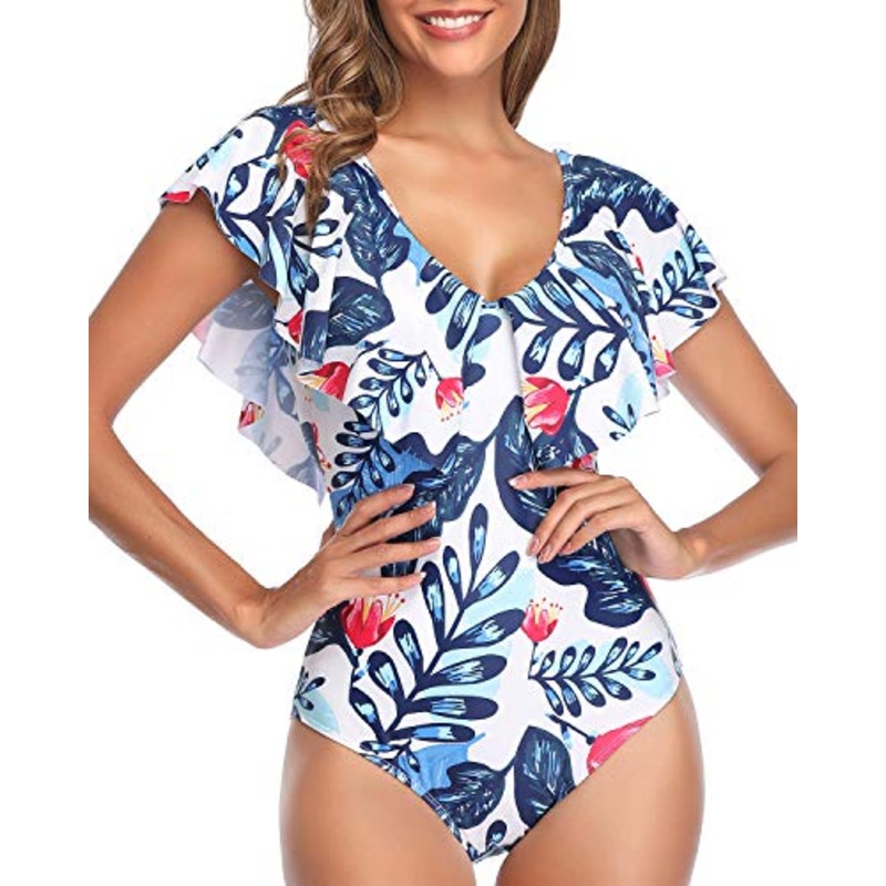 Trendy Bathing Suit Flounce Sleeve V Neck One Piece Swimsuit-White And Blue Floral