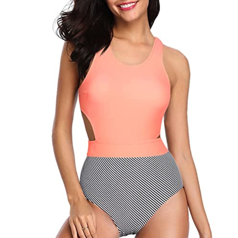 Tropical Printed Pattern Tummy Control Cutout Monokini-Coral Pink Stripe