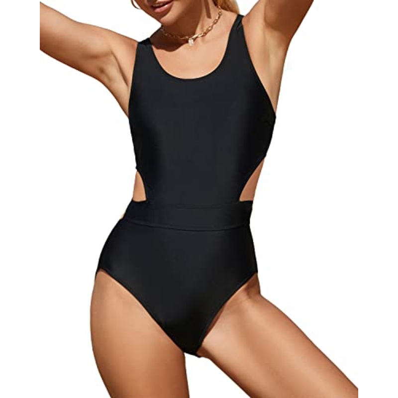 Tummy Control Cutout Monokini Women One Piece Swimsuits-Black