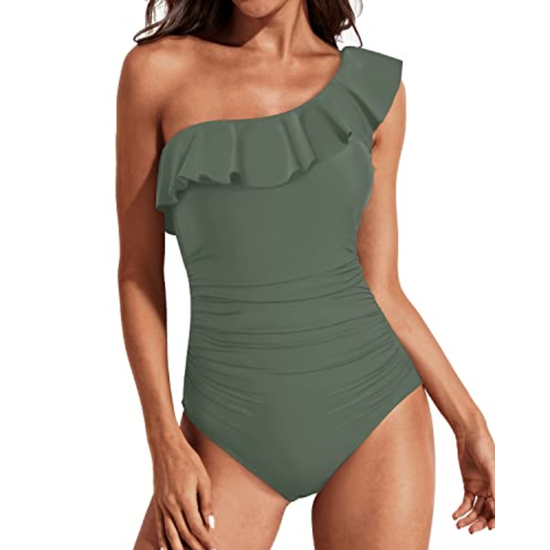 Tummy Control Ruffle One Shoulder Swimwear-Army Green