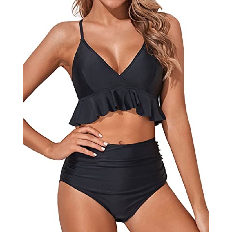 Tummy Control Two Piece Bikini Set Deep V Neckline-Black
