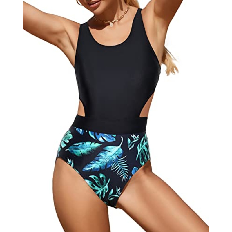 Tummy Slimming Sexy Women One Piece Swimsuits-Black And Green Leaf