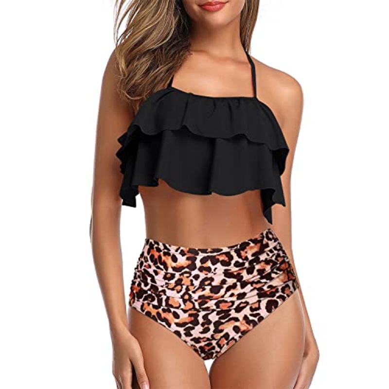 Two Piece Adorable Tiered Ruffle High Waisted Bikini Set For Girls-Black And Leopard
