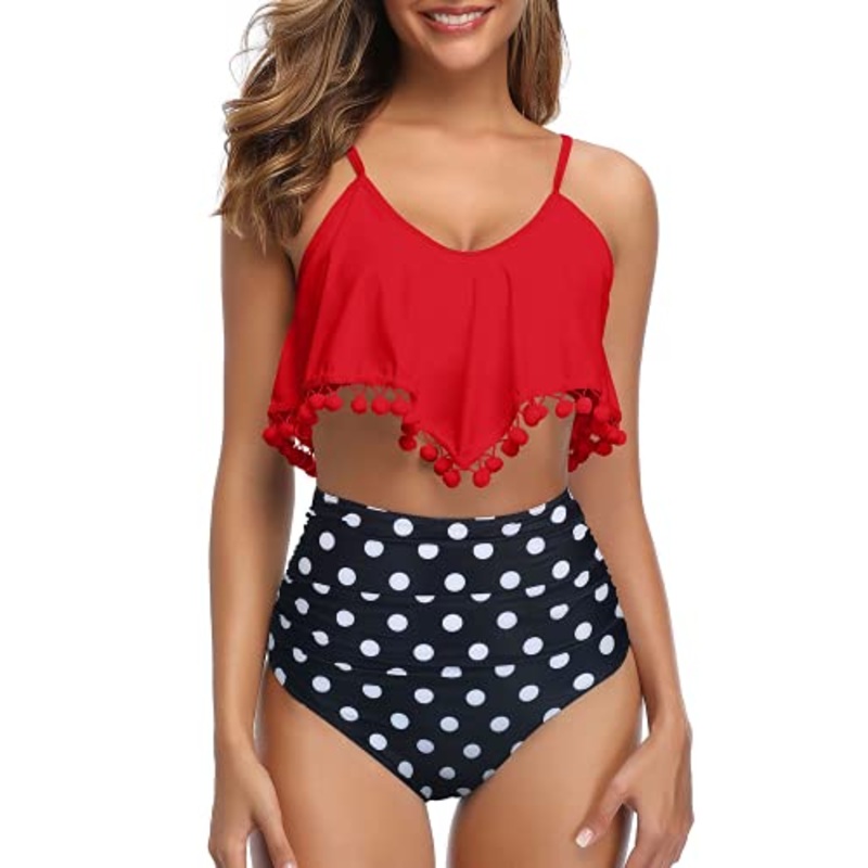 Two Piece Bikini Ruffled Flounce Flowy Top & Ruched High Rise Bottom-Red Dot