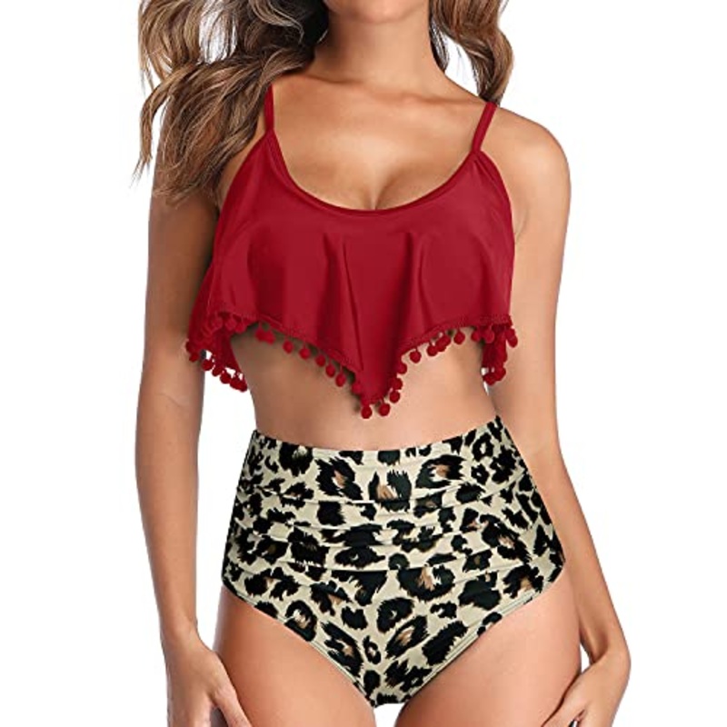 Two Piece Bikini Swimsuit Bottoms And Ruffle Flounce Trim-Red And Leopard