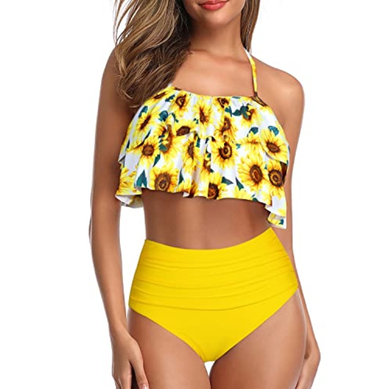 Two Piece Bikini Swimsuit Tiered Ruffles-Yellow And Sunflower