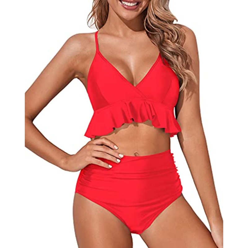Two Piece Charming Deep V Neck Tummy Control Bikini Set-Neon Red