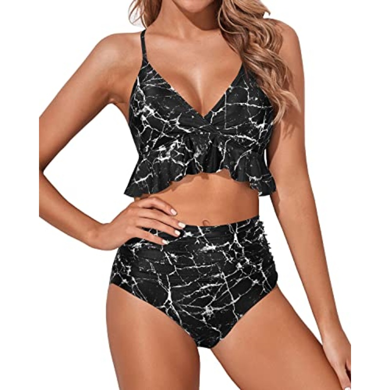 Two Piece Comfortable Beach Vacation Ruffle High Waisted Bikini Ruched-Black Marble