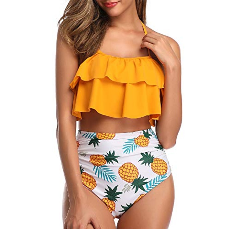 Two Piece Cute Tummy Control High Waisted Bikini-Yellow Pineapple
