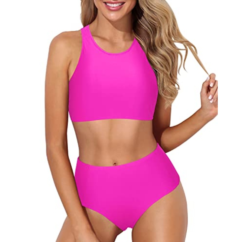 Two Piece Full Coverage Bottom Sporty High Waisted Bikini Set-Neon Pink