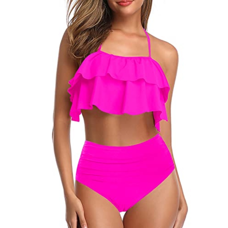 Two-Piece High Waisted Halter Bathing Suit-Neon Pink