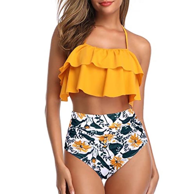 Two Piece Sexy Halter High Waisted Bikini For Teen Girls-Yellow Floral