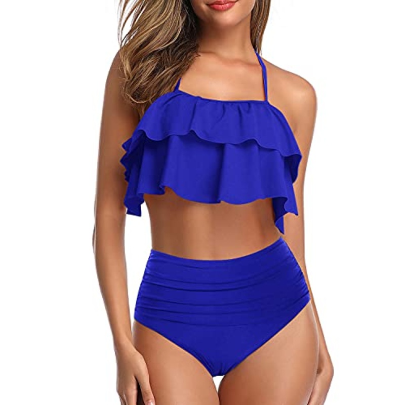 Two Piece Teen Ruffle Tummy Control High Waisted Bikini-Royal Blue