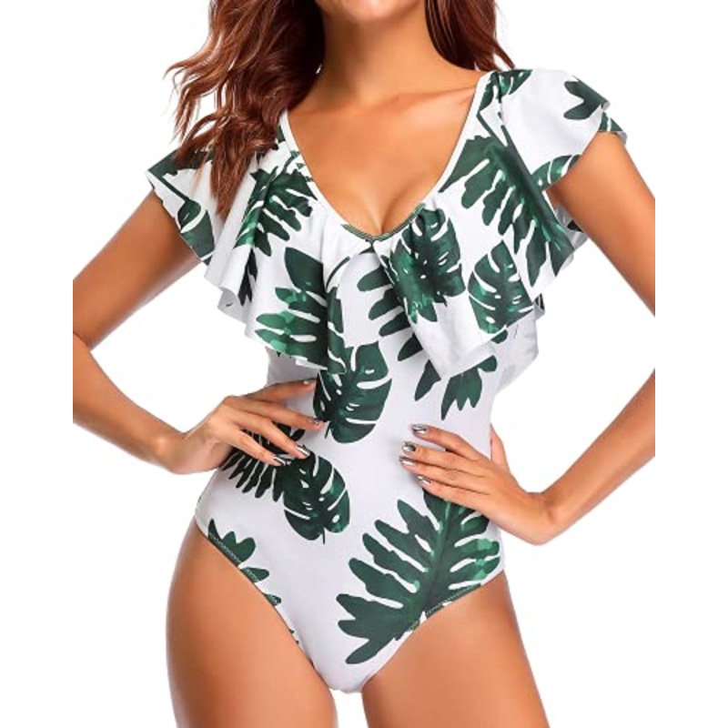 Unique Style Flounce Sleeve V Neck One Piece Swimsuit-White Leaf