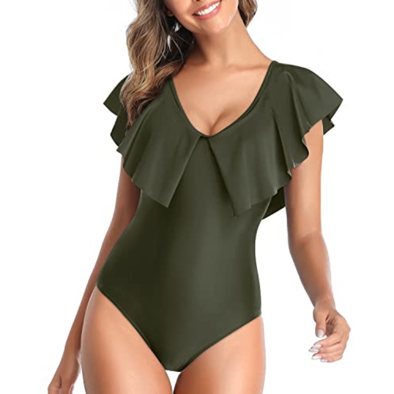 V Back Design Tummy Control One Piece Swimsuit For Women-Army Green