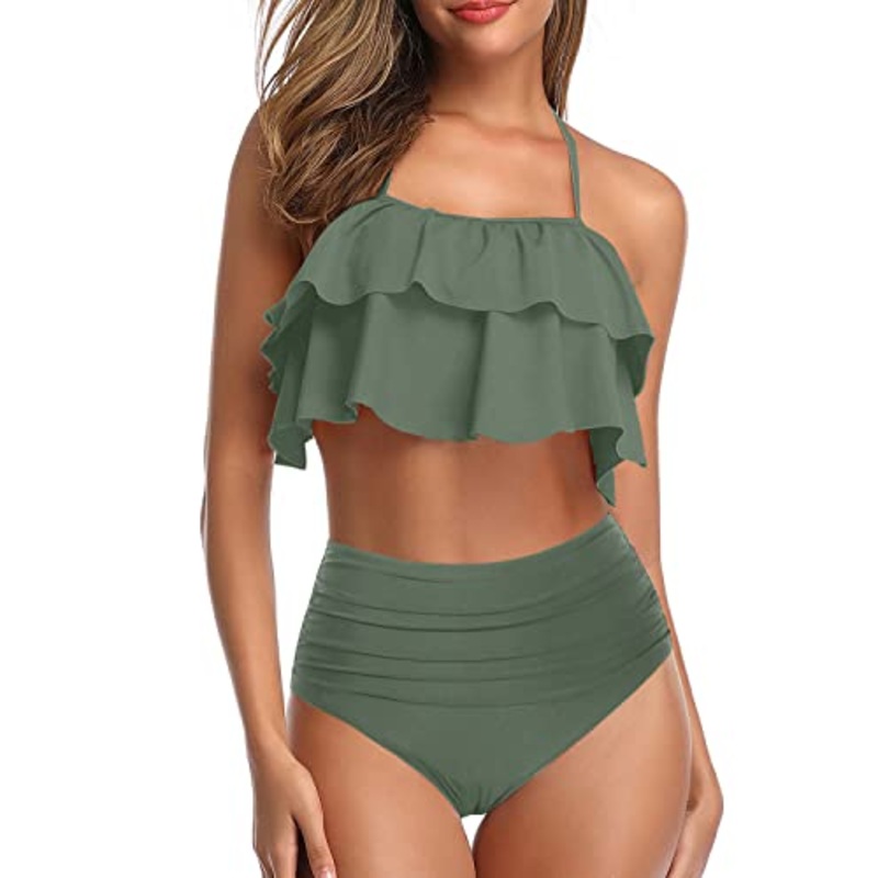 Vintage Backless Two Piece Swimsuit Padded Bra For Juniors-Olive Green