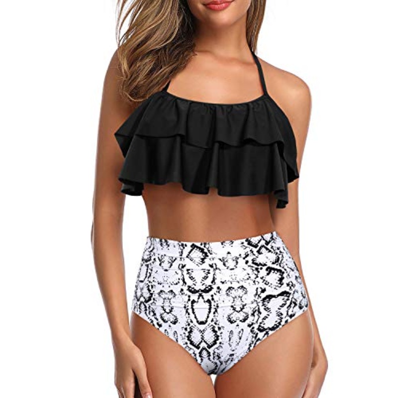 Vintage Halter Bikini Removable Padded Bra-Black Snake