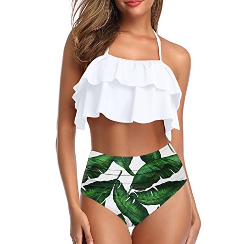 Vintage Halter Bikini Ruffled Tummy Control Bottoms-White Leaf