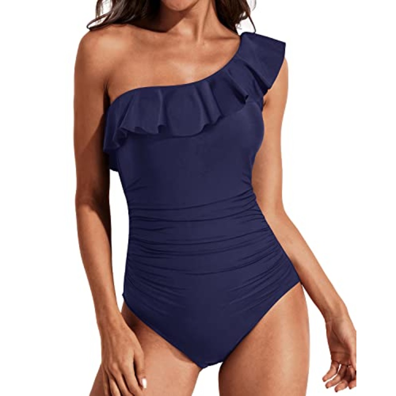 Vintage Women's Tummy Control Ruffle One Shoulder Swimsuit-Navy Blue