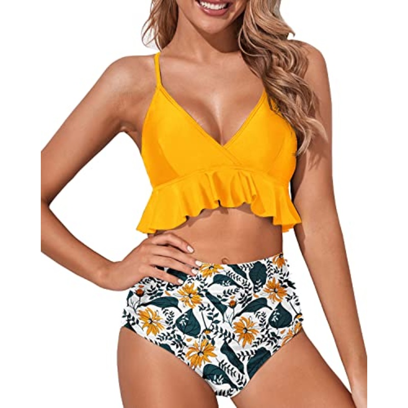 Women's Charming Ruched Bottom Bikini Swimsuit-Yellow Floral