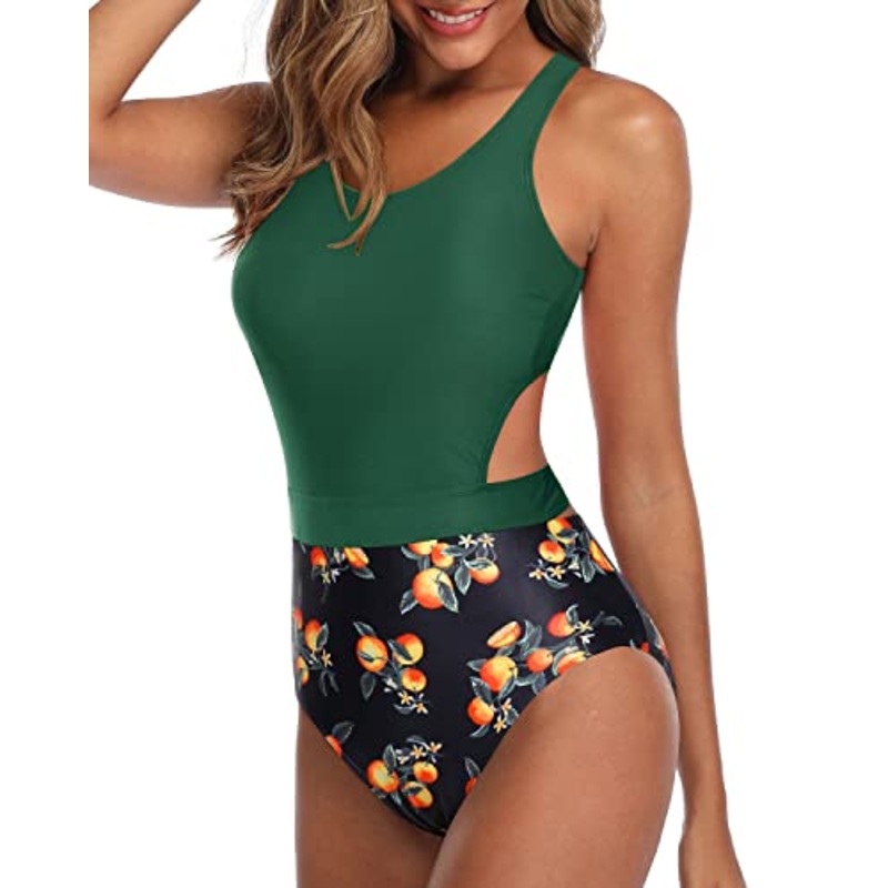 Women's One Piece Swimsuits Tummy Control Cutout Bathing Suit-Green