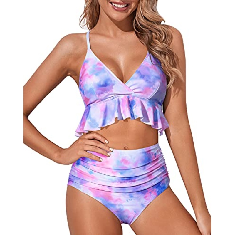 Women's Removable Padded High Waisted Bikini-Color Tie Dye