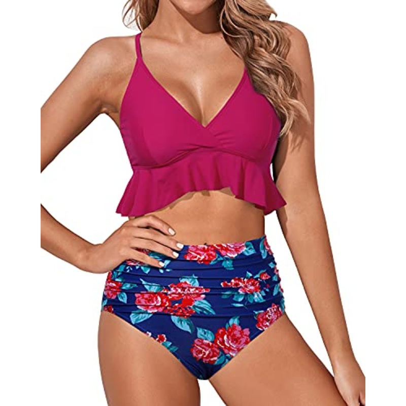Women's Ruffle Flounce High Waisted Bikini Set-Pink Floral