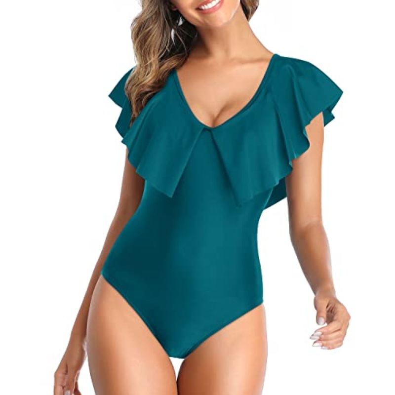 Women's Sexy Ruffle Flounce Sleeve V Neck One Piece Swimsuit-Teal