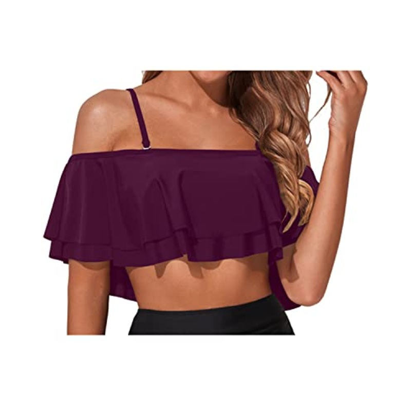 Adjustable Bra Flounce Bikini Top Tiered Ruffles-Maroon