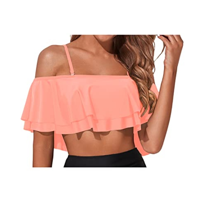 Adjustable Flounce Swimsuit Top Off Shoulder Swim Top-Coral Pink