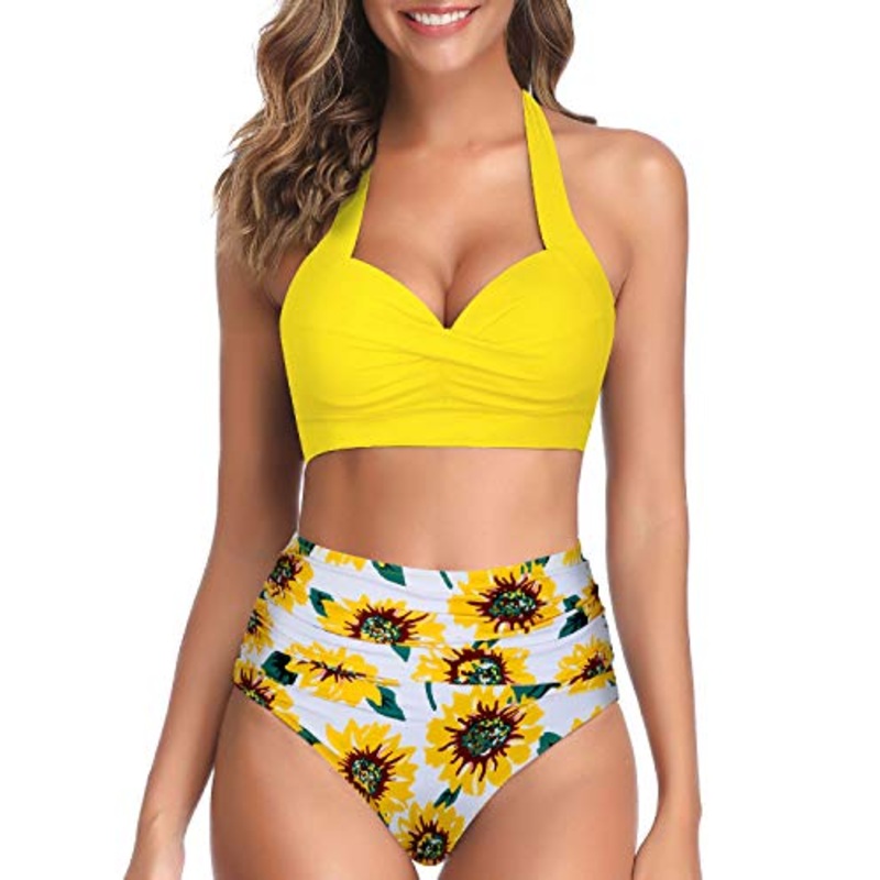 Adjustable Halter Neck Two Piece High Waist Swimsuit-Yellow And Sunflower