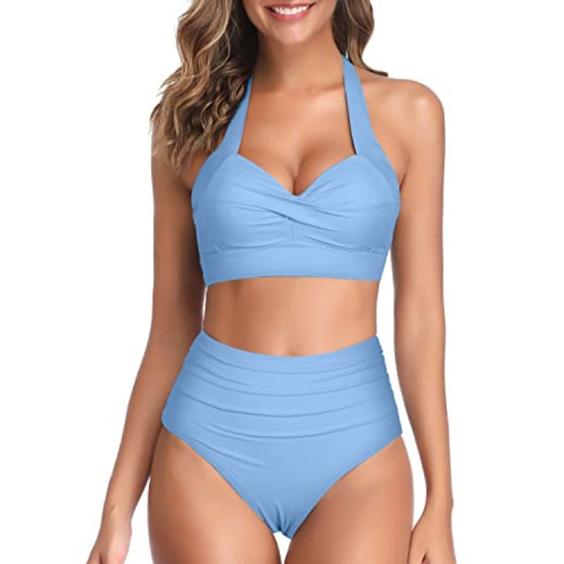 Adjustable Self-Tie Halter Neck Bikini Sets For Women-Light Blue