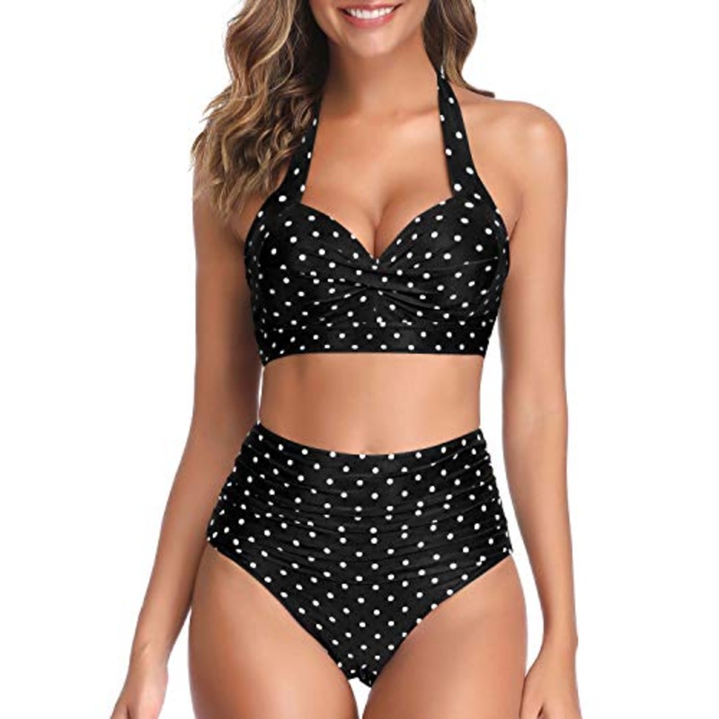 Adjustable Self-Tie Halter Neck Vintage High Waisted Bikini-Black Dot