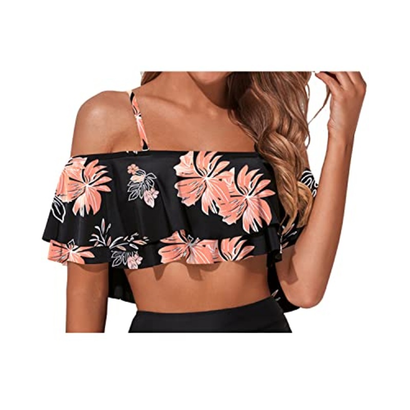 Adjustable Spaghetti Straps Bikini Top For Women-Black Orange Floral