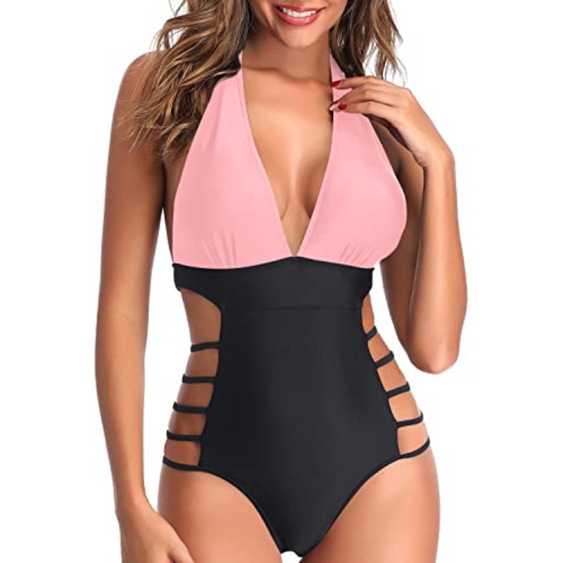 Attached Straps Monokini High Leg Cut Out String Swimwear-Pink And Black