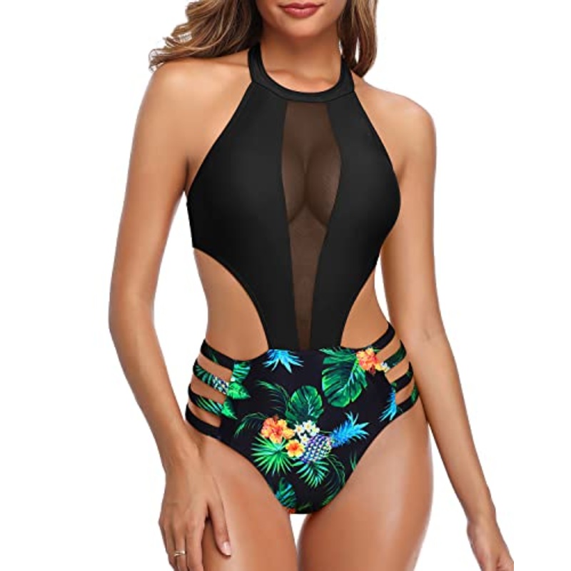 Attractive Cutout Strap Design Sexy One Piece Bathing Suit For Women-Black Pineapple