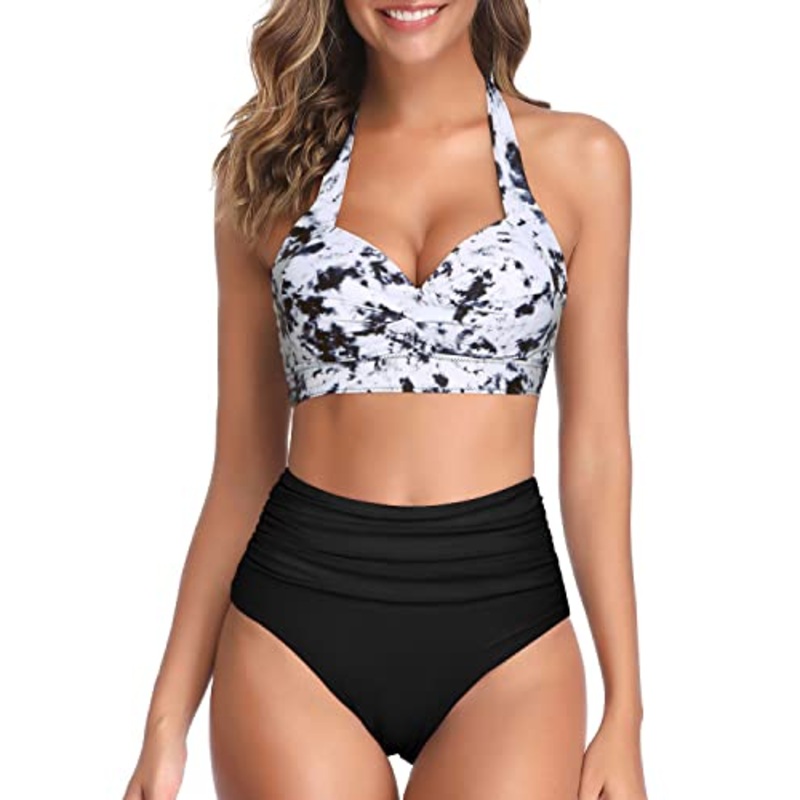 Chic Adjustable Self-Tie Halter Neck Two Piece Halter Bikini For Women-Black And White Tie Dye