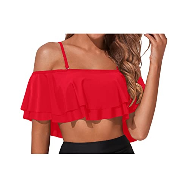 Classic Smooth Folded Off Shoulder Swim Top-Red