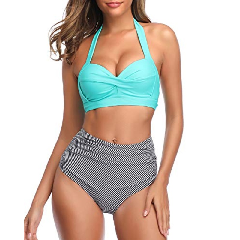 Classic Two Piece High Waisted Halter Push Up Bikini-Aqua Stripe