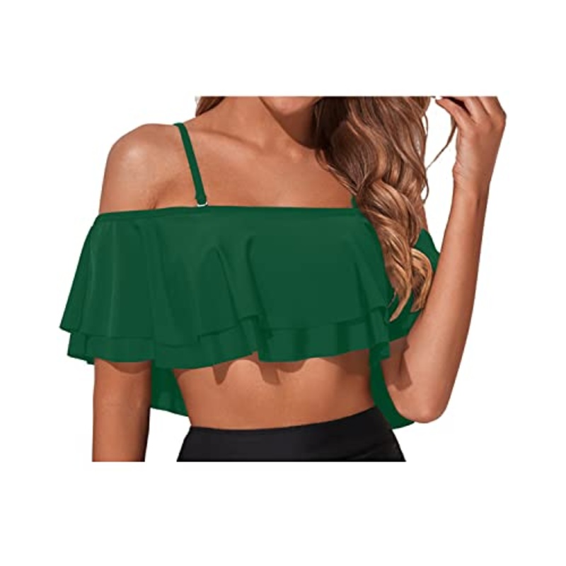 Elegant Removable Shoulder Straps Off Shoulder Swim Top-Emerald Green