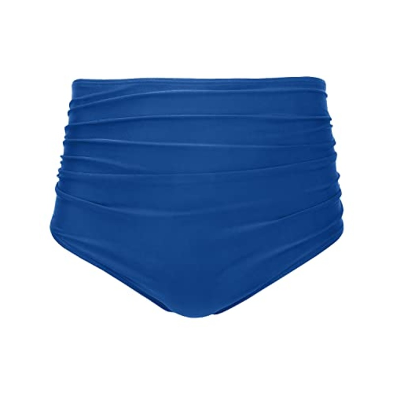 Elegant Women High Waisted Bikini Bottom Retro Ruched Swim Short-Blue