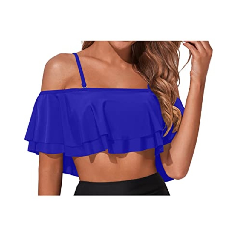 Fashionable Adjustable Bra Off Shoulder Swim Top-Royal Blue
