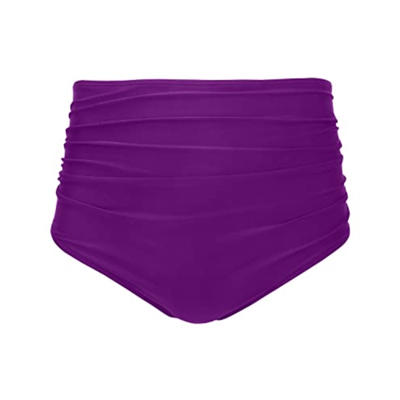 Fashionable Women High Waisted Bikini Bottom Retro Ruched Swim Short-Purple