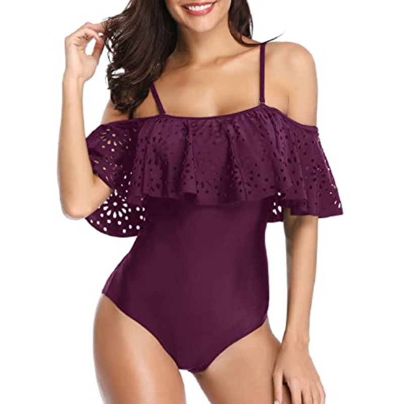 Feminine Padded Push Up Bras One Piece Off Shoulder Lace Swimsuits-Maroon