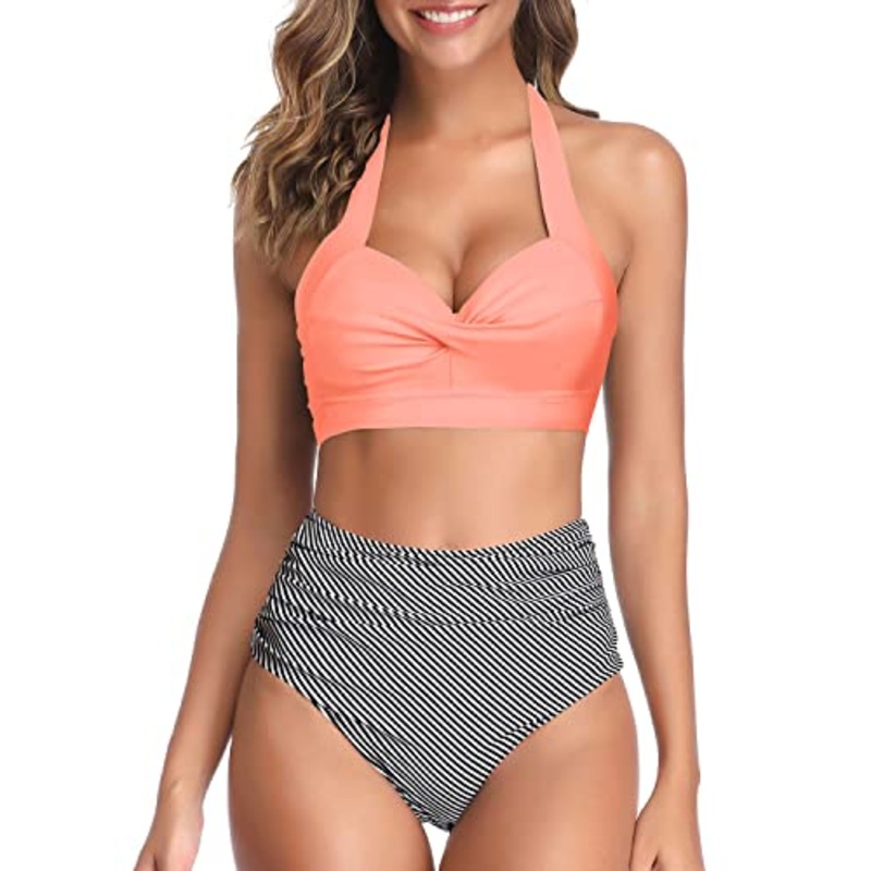 Figure-Flattering High Cut Legs Women's Bikini Swimsuits-Coral Pink Stripe