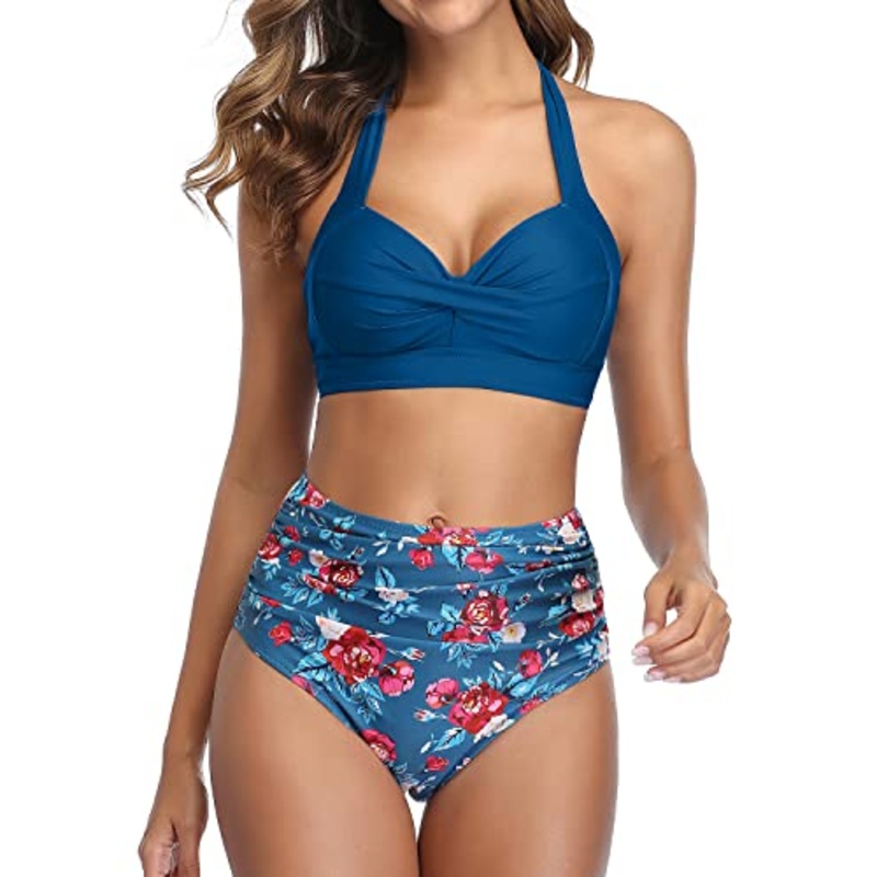 Figure-Flattering Pleated Front Halter Ruched High Waist Bikini-Blue Floral