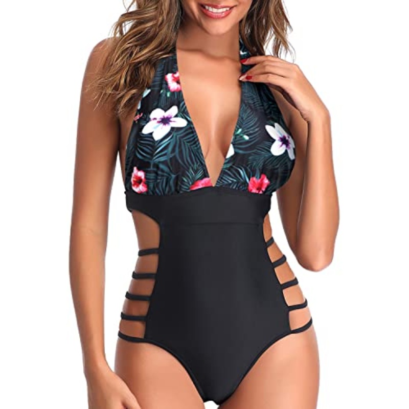 Flattering High Leg Cut Out String Swimwear Plunge V Neck Halter Bathing Suits-Black Floral