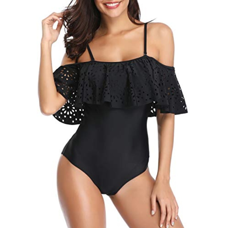 Flattering One Piece Swimsuit Sleeves Tummy Control Swimwear-Black